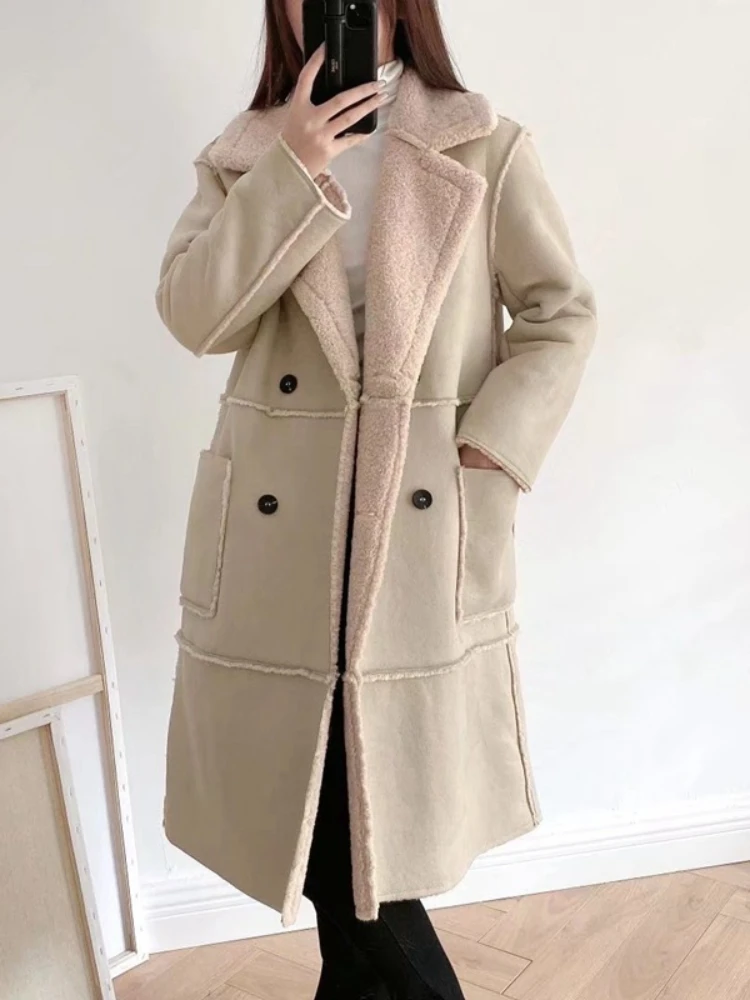 

Fitaylor Autumn Winter Women Faux Lamb Wool Patchwork Suede Leather Jacket Casual Loose Thick Warm Long Chamois Leather Outwear