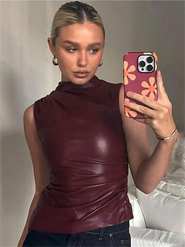 

Tossy PU Leather Tank Top Female Sleeveless Slim High Waist Sexy Cropped Y2k Top Streetwear Pleated Solid Ladies Crop top 2024