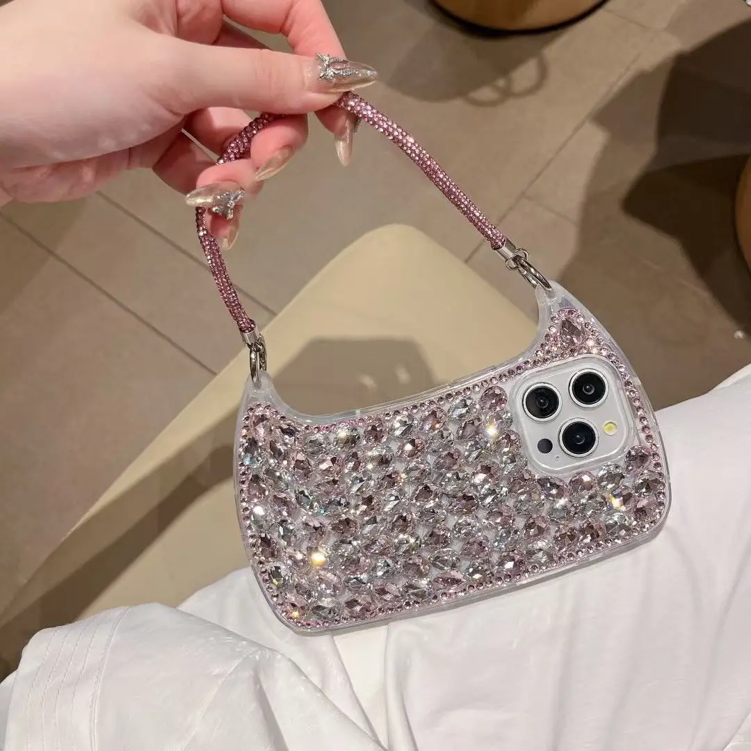 Creative Luxury Rhinestone Phone Case with Lanyard and Protective Back Cover