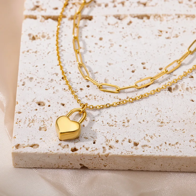 Stainless Steel Heart Necklace Multilayer Chain Gold Plated Pendant