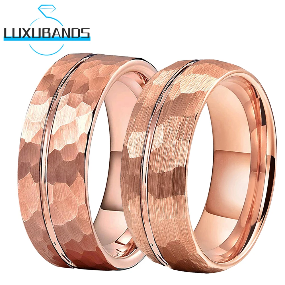 

Tungsten Carbide Ring For Men Women Rose Gold Black Hammered Wedding Flat Domed Band Offset Grooved Brushed Finish Comfort Fit