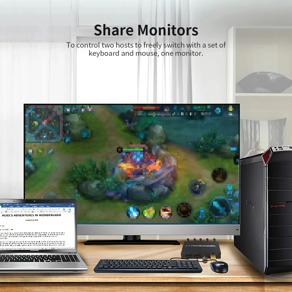 KCEVE 4K USB 2.0 KVM Switch,2 In 1 Out HDMI+USB KVM Switch Support HD 2 Computer Share 1 Monitor 1 Set Keyboard Mouse Printer 5