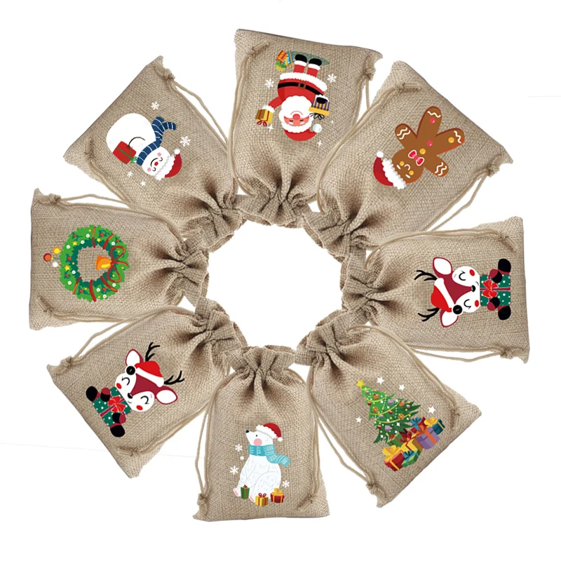 

5pcs/Lot Christmas Theme Gift Ornament Packing Jewelry Jute Pouch Eco-Friendly Drawstring Bags for Storing Objects