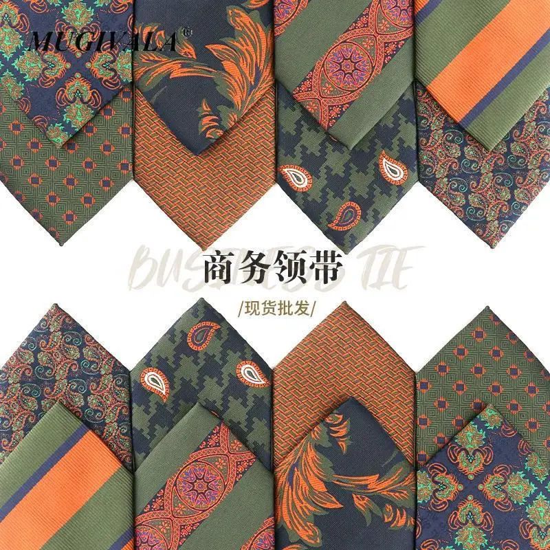

7.5cm Spring Summer New Tie Men Green Orange Striped Big Flower Vintage Business Suit Tie Polyester Necktie