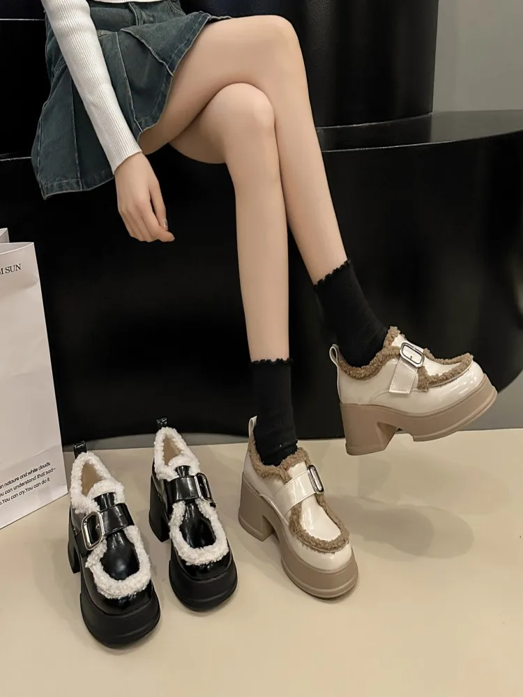 

Shoes On Heels Round Toe Autumn Female Footwear Loafers With Fur British Style Oxfords Women's Casual Sneaker Modis New Retro Fa