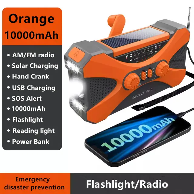 10000mAh Emergency Radios Solar Crank Weather AM/FM Radio Portable Multiple Radio with SOS Alarm Flashlight for Indoor/Outdoor
