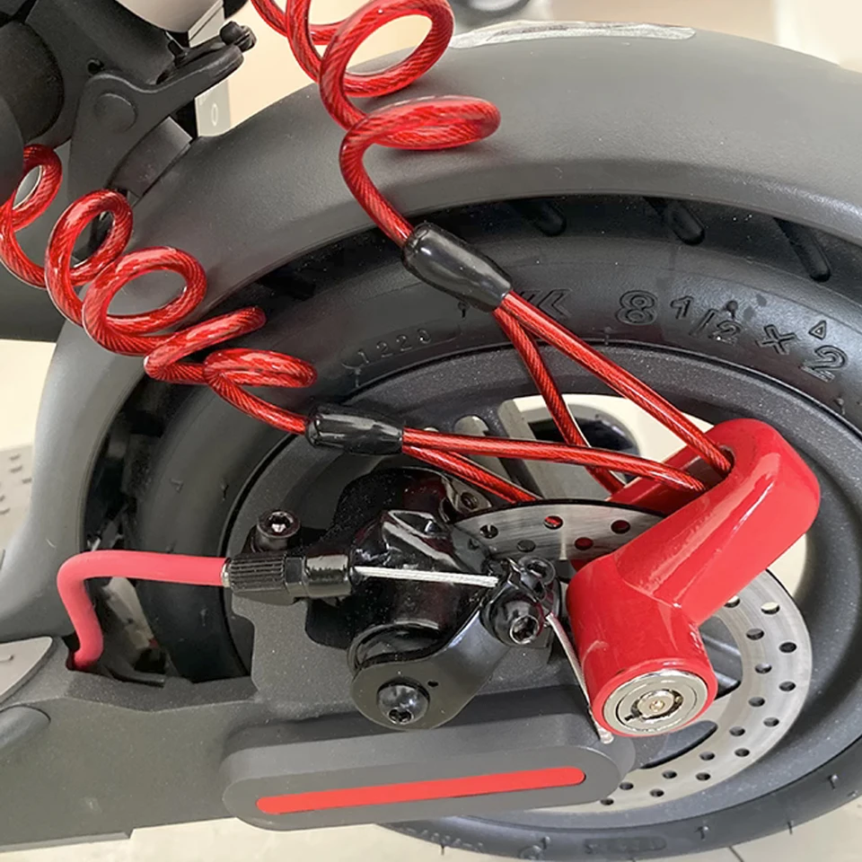 Antivol Câble Métal + Verrou à Disque Rouge Pour Scooter Ou Vélo - Pratique Et Portable