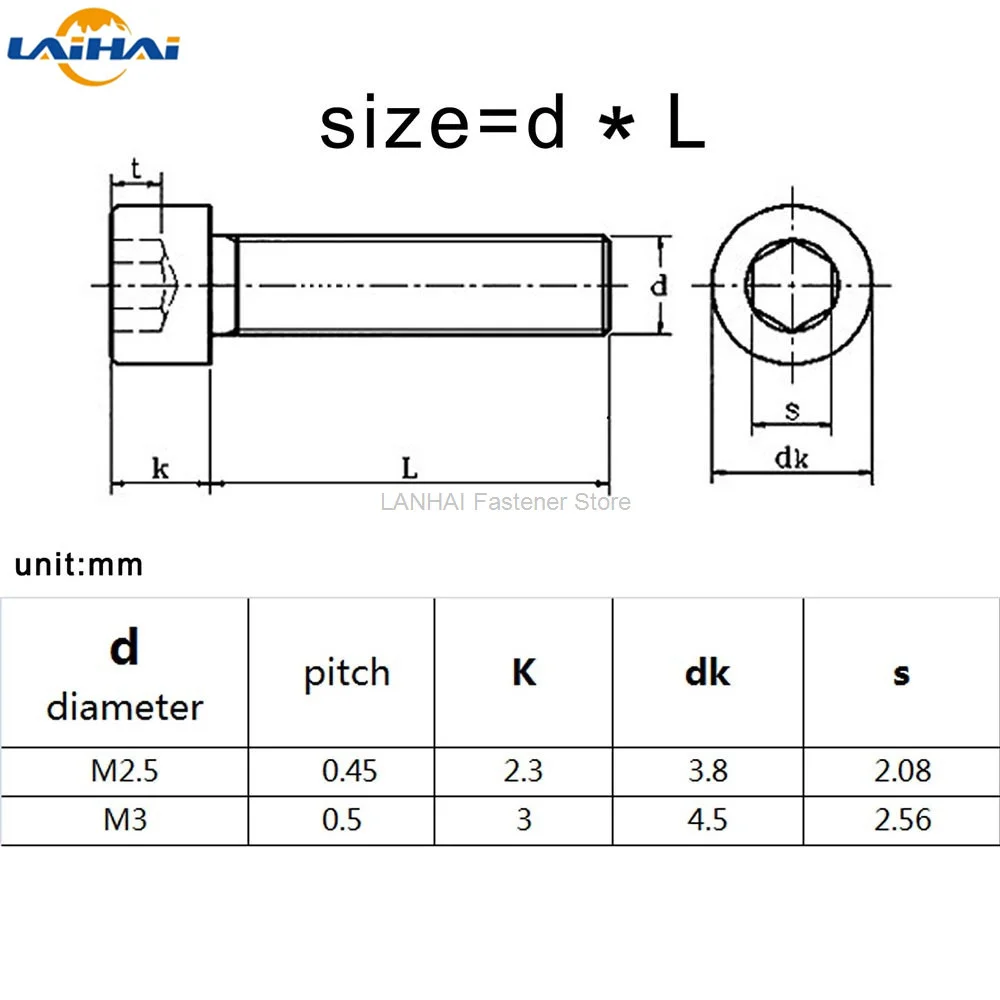 스테인리스 스틸 육각 소켓 캡 알렌 헤드 나사 볼트, 소형 헤드 직경 3.8mm 4.5mm, M2.5 M3 비표준 304 A2, 25 개