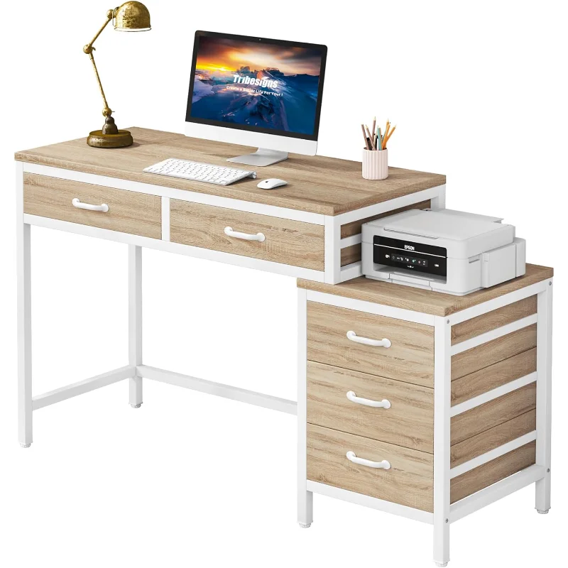 

Tribesigns Computer Desk with 5 Drawers, Home Office Desks with Reversible Drawer Cabinet Printer Stand, Industrial PC Desk with