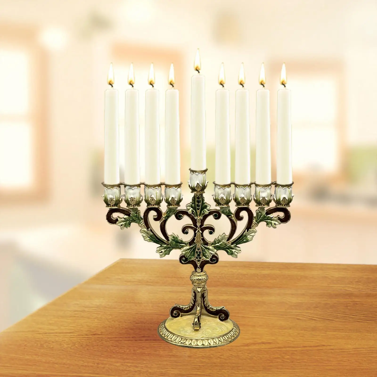 Hanukkah Menorah Hand Painted Candlestick Sturdy Base Tabletop 9 Branches Candle