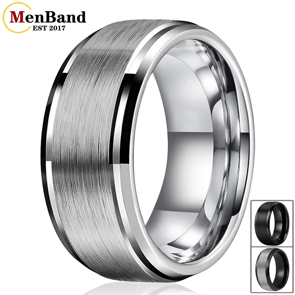 MenBand Large Mens 10MM With Stepped Bevel Edges And Flat Brushed Finish Tungsten Carbide Wedding Ring Comfort Fit Size 7-15 menband fashion men and women 6mm 8mm center grooved flat brushed finish blue color tungsten carbide wedding ring comfort fit