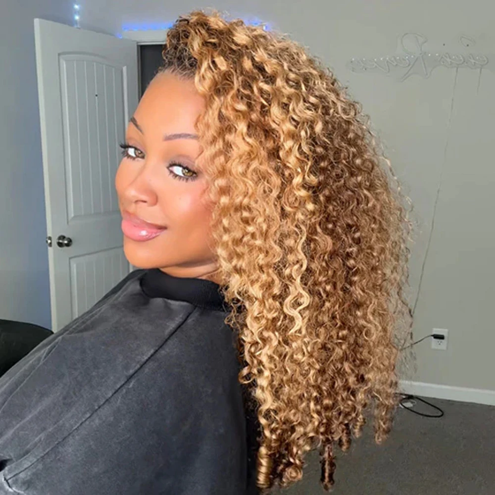 Highlight Burmese Curly 3 IN 1 Half Wigs Human Hair Glueless Wig Human Hair Half Wig Drawstring Burmese Curly Hair Half Wigs 2