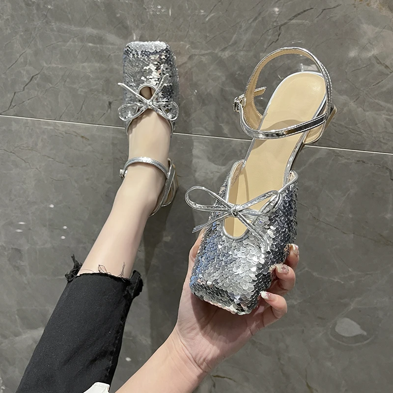 

Bowknot Buckle Sandals Women Summer New Fashion Matching Skirt Thick Heel Fairy Style Women's Baotou Roman Shoes 2023