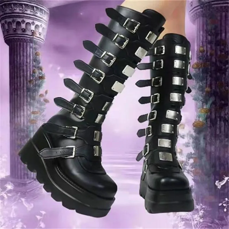

Long Boots Women Gothic Shoes Platform Knee High Boots Punk Black Sexy Motorcycles Boots 2023 New Halloween Cosplay Women Boots