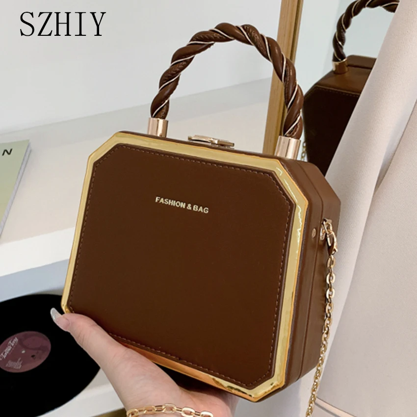 Fashion Designer Metal Square Bag Ladies Small Cell Phone Chain