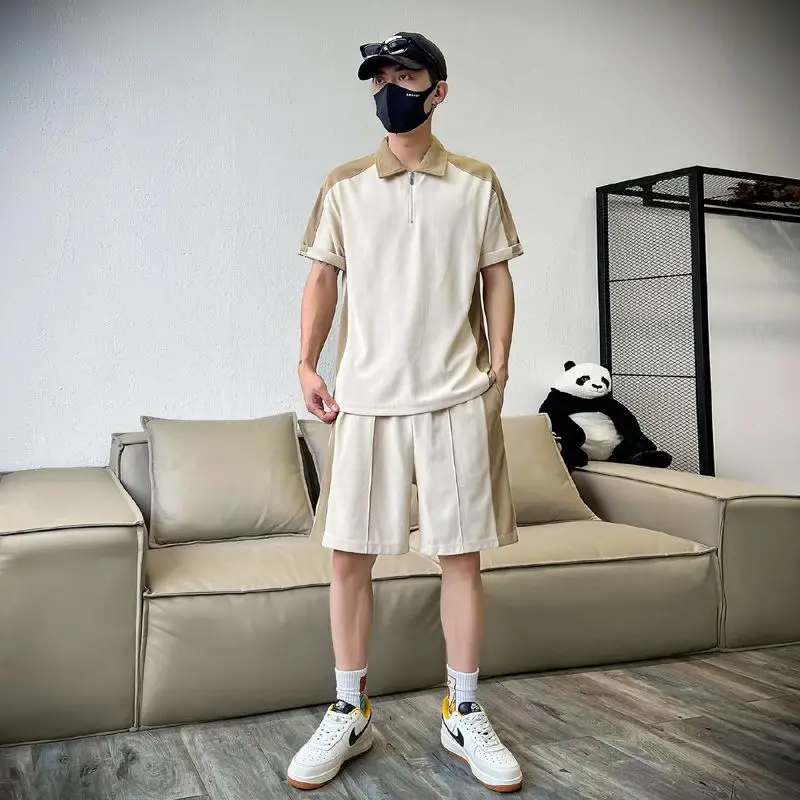 Summer Men's Set Sports Suit Patchwork  Turndown Collar Short Sleeved T-shirt Elastic Waist Casual Shorts Two Piece Suit