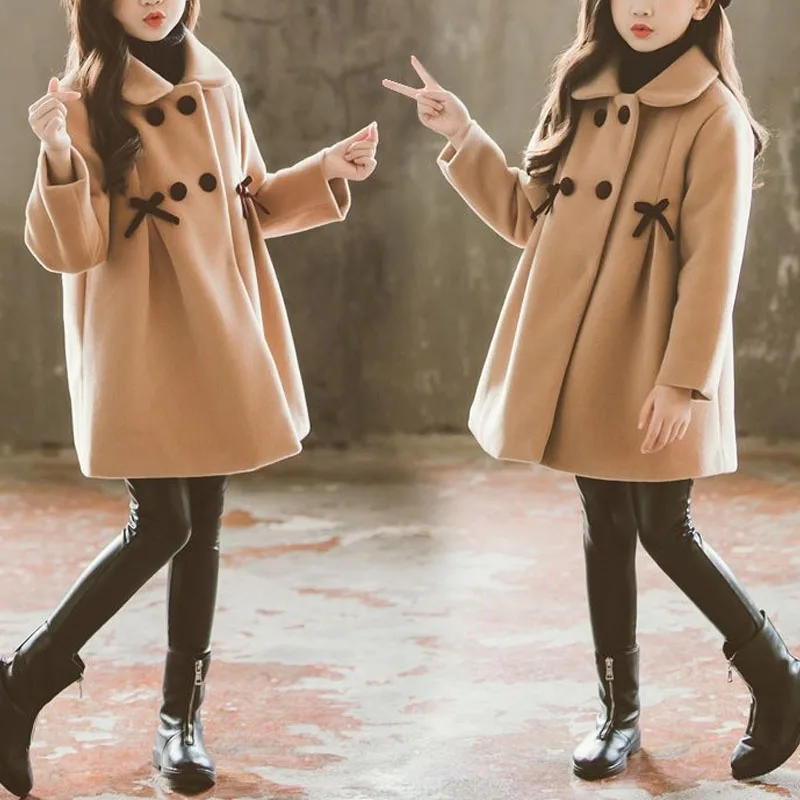 Korean Casual Autumn Winter Girls Turn-down Collar Button Spliced Bow Shirring Fashion Sweet Long Sleeve Loose Coats