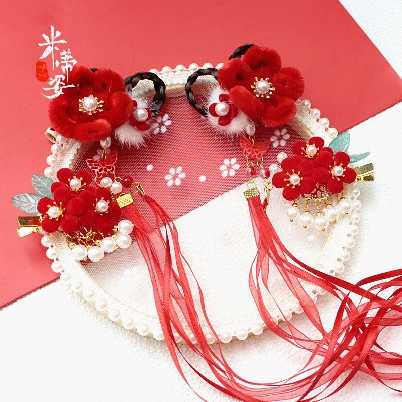 

2022 Children's New Year Headwear Big Red Chinese Style Girls' Hanfu Hair Clips Red Hanfu Baby New Year Hair Accessories