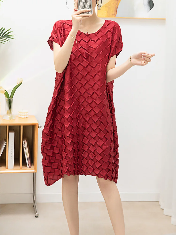 

Женское платье-миди ручной работы, маленькое элегантное плиссированное платье-пуловер с коротким рукавом, весна []