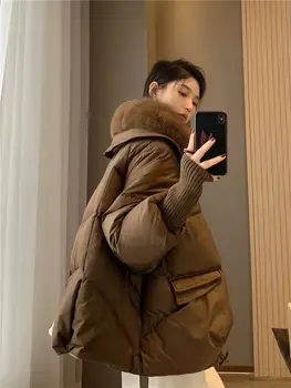 Winter New Fur Collar Puffer Down Parka Loose Down Warmer Thicken Snow Jacket Pocket Zipper Faux Fur Outerwear Female 2