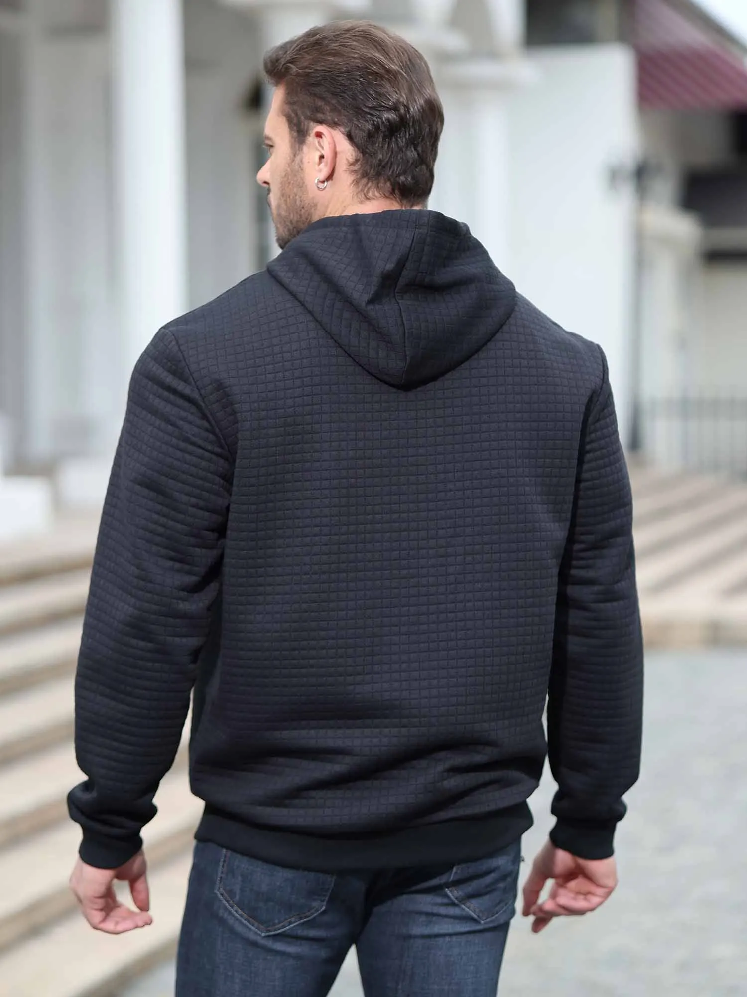 Men Autumn Casual Hoodies Long Sleeve Drawstring Pullover Sweatshirt Tracksuit Hooded Sweatshirts Streetwear with Plaid Jacquard