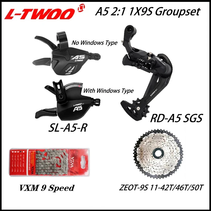 

LTWOO A5 2:1 1X9S Groupset 9 Speed Shift lever Derailleur ZEOT 9V Cassette 42T 46T 50T VXM 9 Speed Chains Compatible Shimano