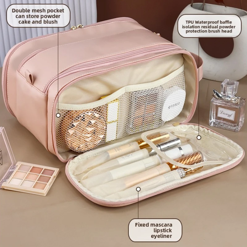Multifunctional Makeup Bag For Women PU Leather Large Capacity Portable Double Zipper Travel Makeup Brush Toiletries Storage Bag