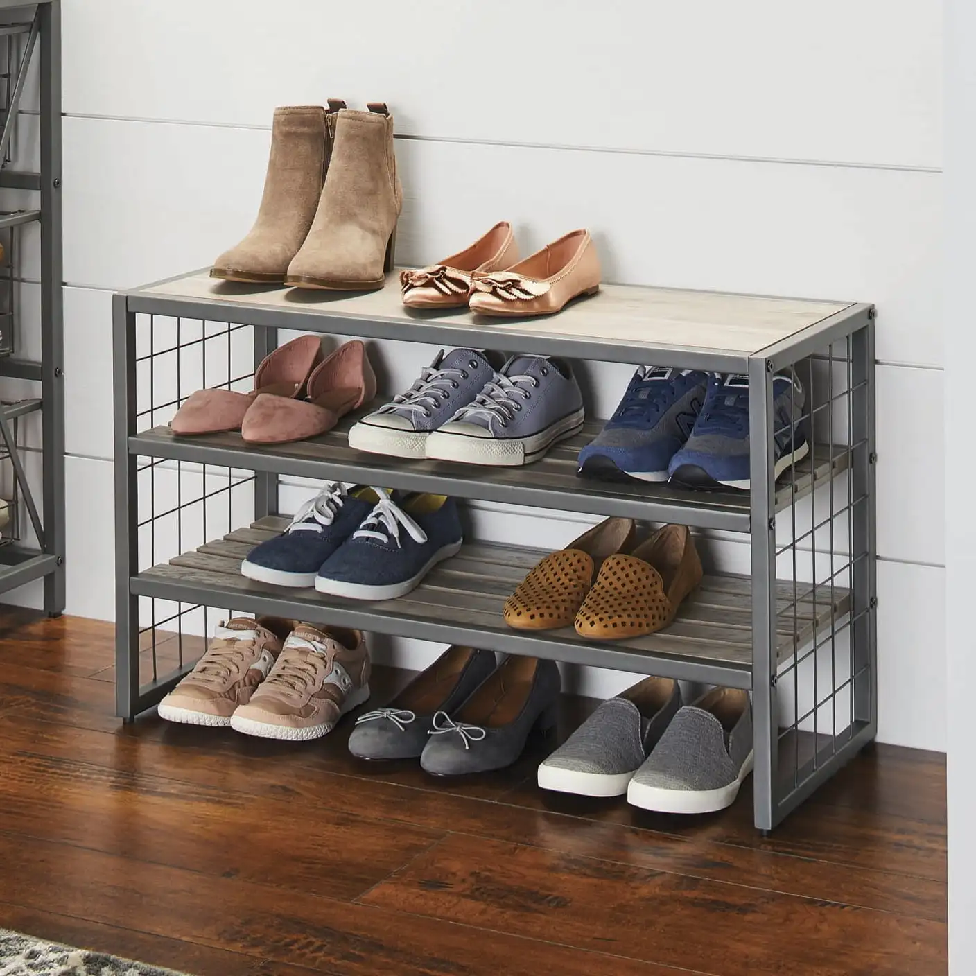 

Better Homes & Gardens Farmhouse 3 Tier Shoe Rack, Gray, Holds up to 12 Pairs