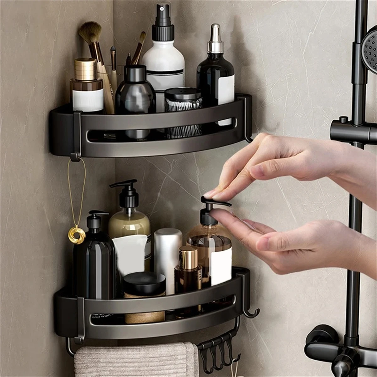 Bathroom Shelves Aluminum Alloy No Drill Wall Mounted Shampoo Storage Rack  Toilet Shower Corner Shelves Bathroom Accessories