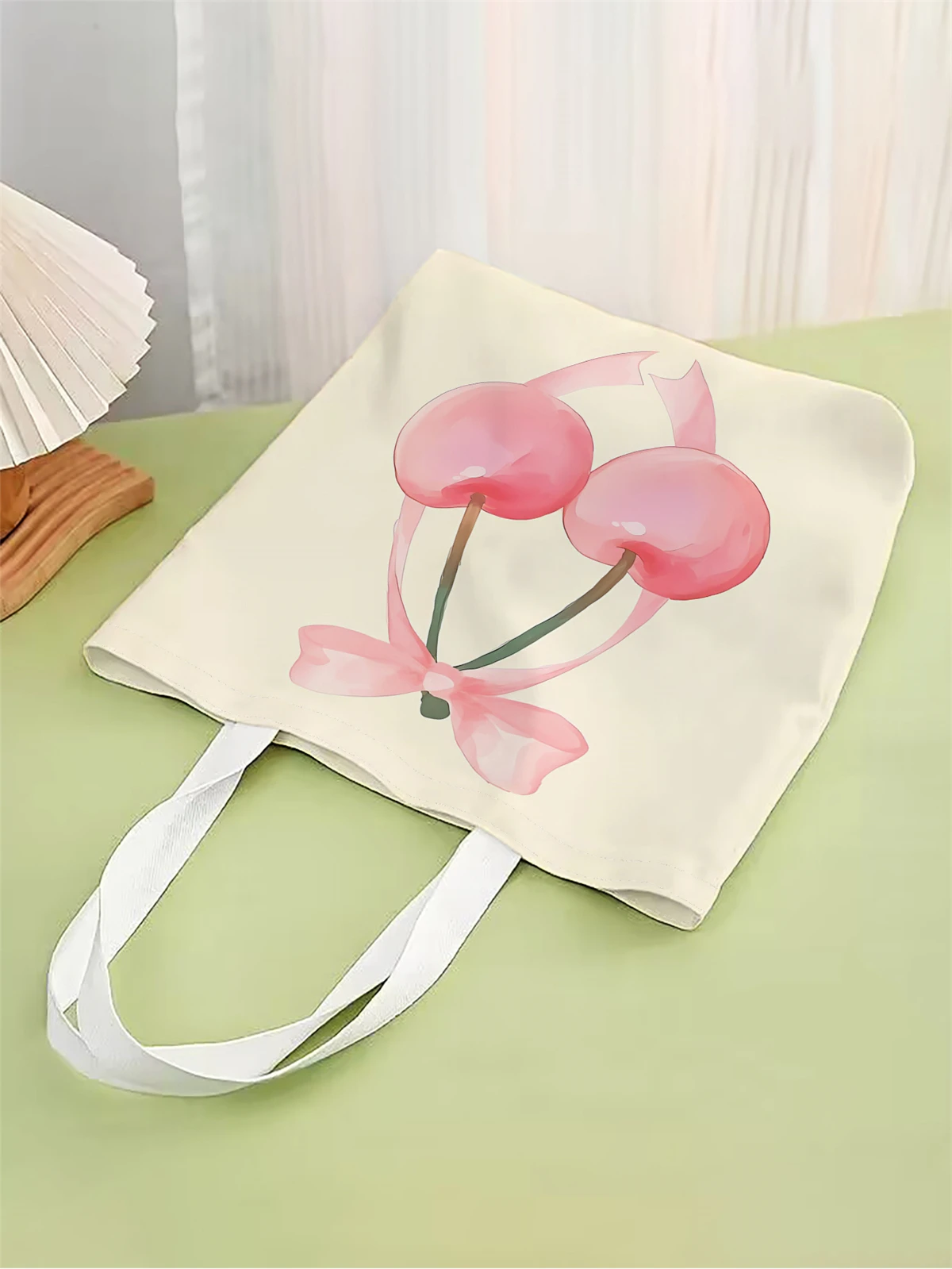 1pc,cartoon cherry handbag, reusable fashionable handbag, multifunctional handbag, printed canvas shopping bag