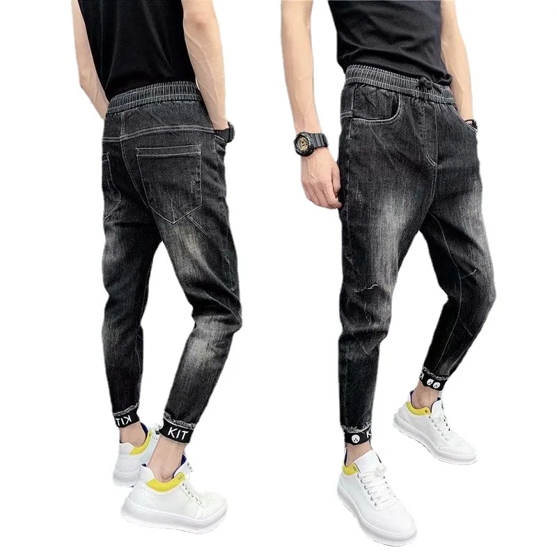 

Social People Spiritual Guys Trendy Black Jeans Elastic Waist Men's Autumn New Style Slim Fitting Small Leg Harlan Pants