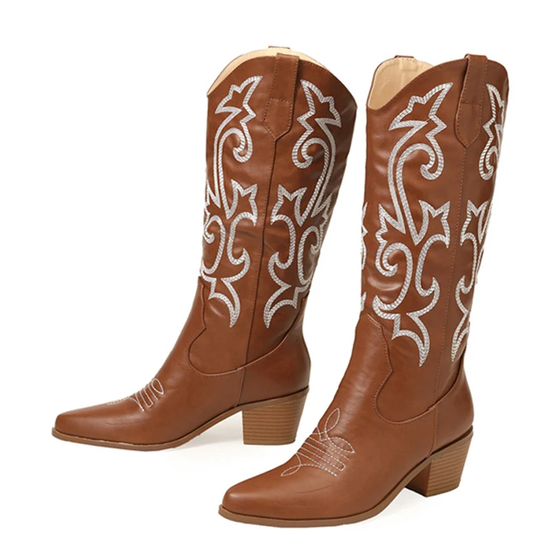 Autumn Winter Fashion Embroidered Western Cowboy Boots Women Leather Pointed Toe Low Hoof Heels Slip On Knee High Shoes
