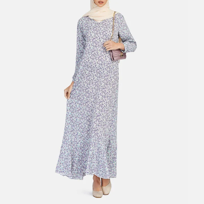 Long Sleeves Pullover Loose Women's Muslim Dress Fashion Printed Large Hem Temperament Chiffon Floral Slim Fit Female Clothing