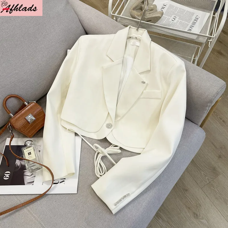 

White Design Long Sleeve Diamond Button Coat Women's Spring And Autumn New Notched Collar Solid Color Office Lady Outerwear
