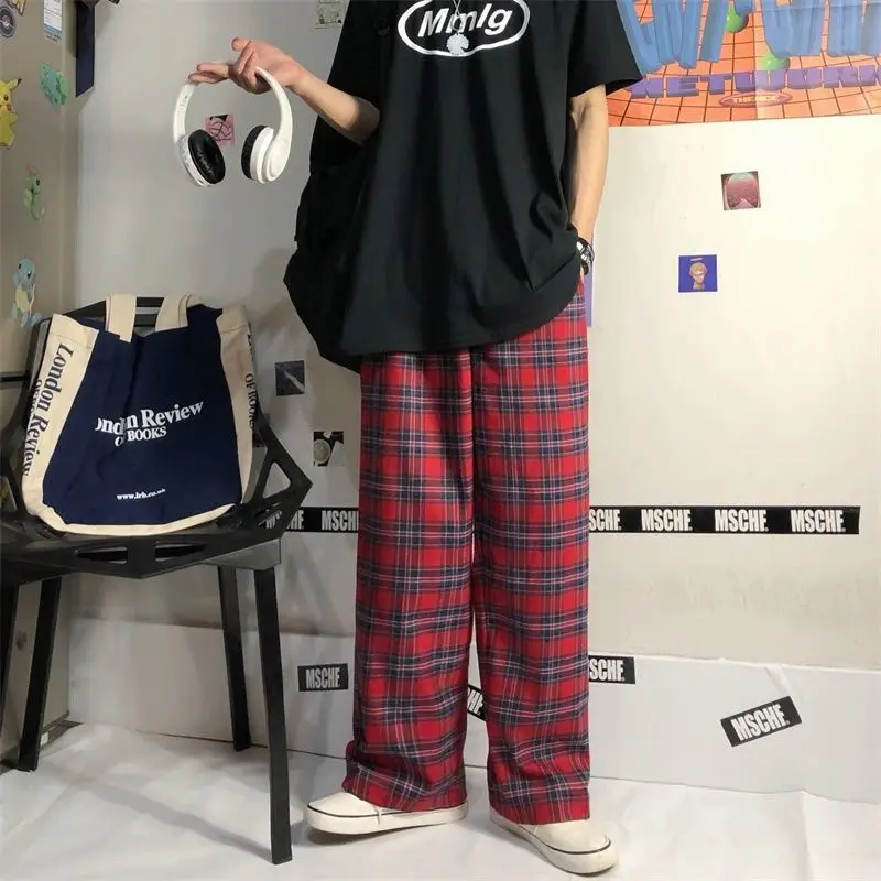2022 Women Gothic Korean Fashion Oversized Wide Leg Sweatpants Harajuku Red Plaid Classic Pants Streetwear Checked Trousers Pop