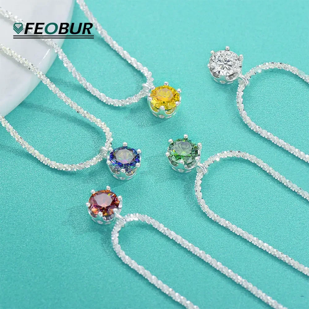 

FEOBUR 1CT Colorful Moissanite Pendant Necklace for Women S925 Sterling Silver Chain Wedding Sparkling Lab Diamond Gem Necklaces