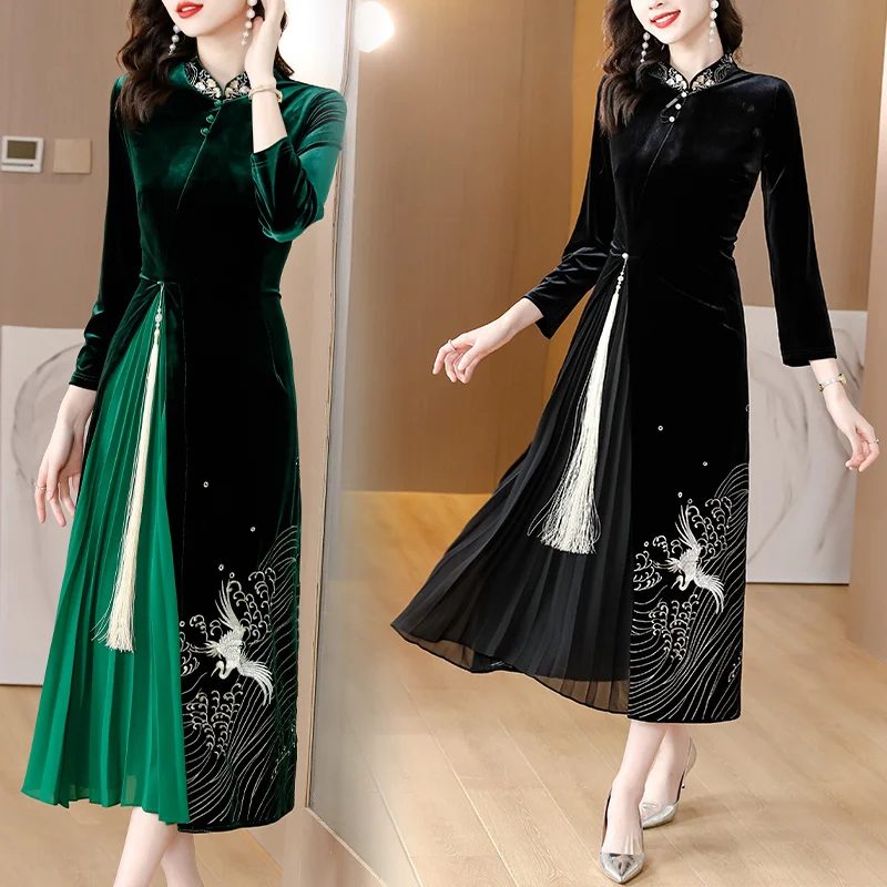 

Quality High Fashion Vintage Velvet Winter es Women Long Sleeve Evening Party Dress For Middle Age Mom Vestidos