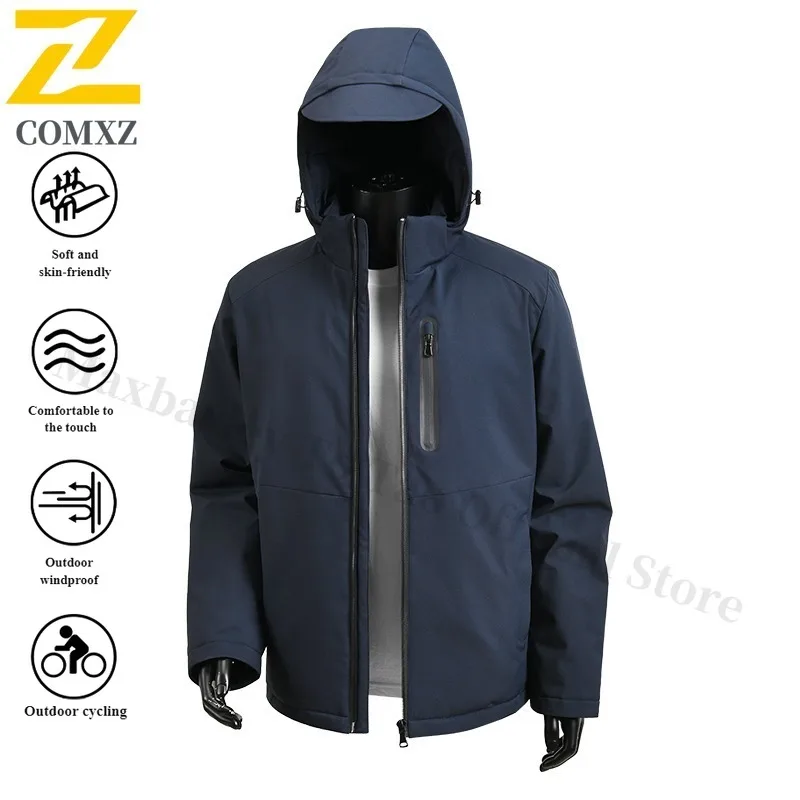 Unisex Waterproof Softshell Jacket Windproof Hooded Outdoor Coat for Hiking Travel Autumn Winter Warm Fleece Lined Sportswear