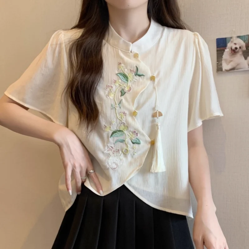 

Рубашка LKSK женская с вышивкой, шифоновый топ в китайском стиле, с короткими рукавами, с кисточками, в ретро стиле, на лето