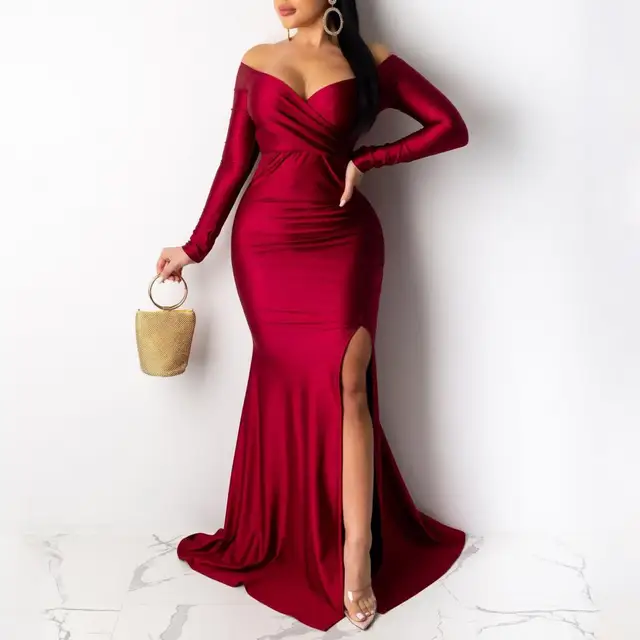 V-neck Off Shoulder Women Bodycon Dress Colorfast Slim Butt-lifted Sheath Dress Floor Length Stretchy Pullover Evening Dress 4