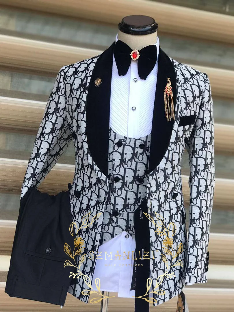 Luxury Double Breasted Men Suits Slim Fit Shawl Lapel Groom Formal Tuxedos Prom 3 Pcs Sets Business Male Blazer Costume Homme