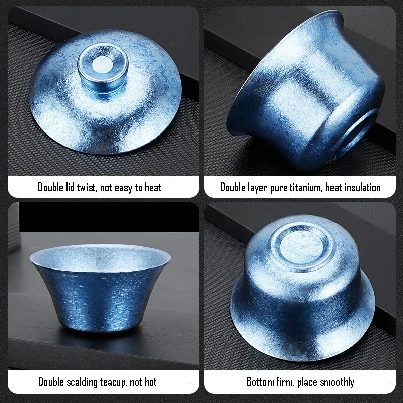 90ml Gaiwan Set,1Gaiwan+4Teacup +1Storage Bag,Double Layer Pure Titanium,Heat Proof,Corrosion Resistant,Portable Outdoor Tea Set