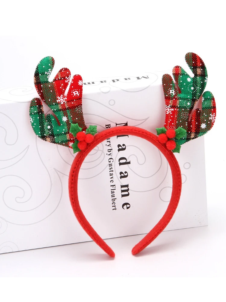 NEW Christmas Antler Hair Hoop Printed Plaid Red Bowknot Glass Filament Christmas Decorations With Wing Head Band