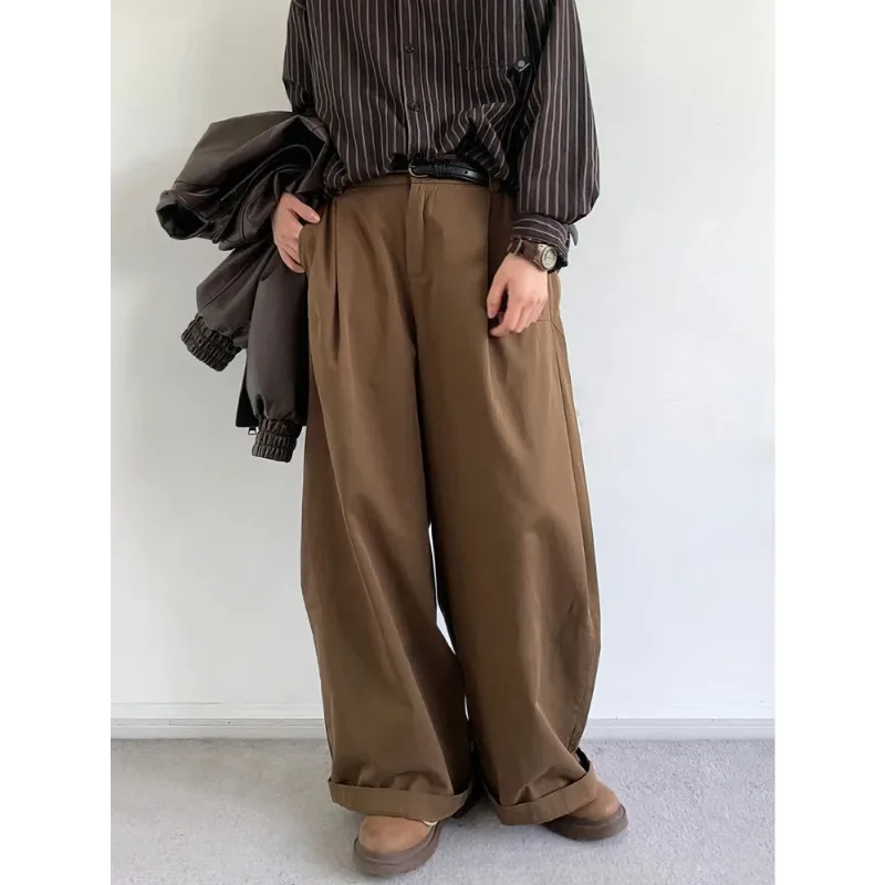 빈티지 브라운 배기 카고 팬츠 남성용 코레안 하라주쿠 슈트 팬츠 오피스 캐주얼 바지 남성 와이드 레그 작업복 신상