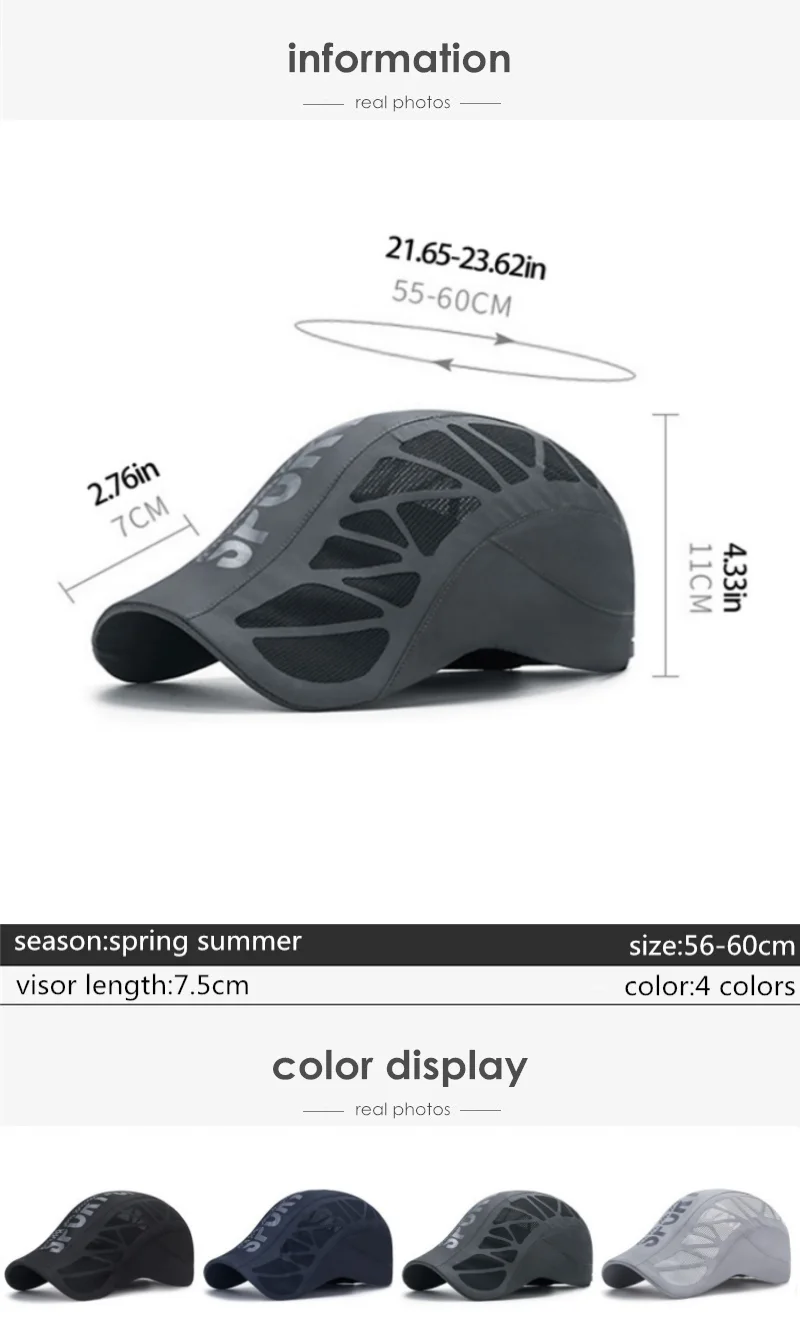 Description Picture 2 of itemSummer Breathable Mesh Quick Dry Fishing Hat An-ti UV Letter Printed Golf Baseball Cap Sports Running Sunhat Newsboy Beret Cap