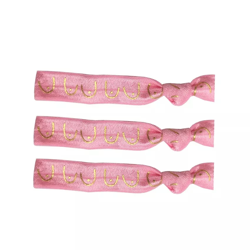 100pcs Gold Breast Printed Hair Tie Bracelet Mammary Cancer Awareness Print Girl Wristband Elastic Band Ponytail Holder