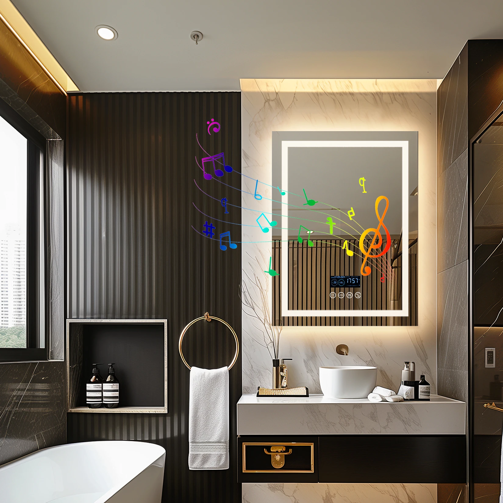 Wisfor 28x36 Lighted Bathroom Mirror with Bluetooth Speaker Smart LED Vanity Makeup Wall Mounted Mirrors 3 Lights Anti-Fog Touch 4