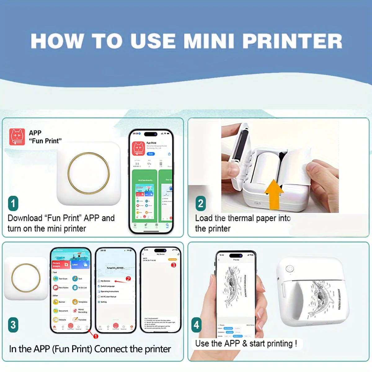 Mini Pocket Printer, Portable Inkless Thermal Printer, Compatible with Android & iOS, USB Charging, Rechargeable Lithium Battery