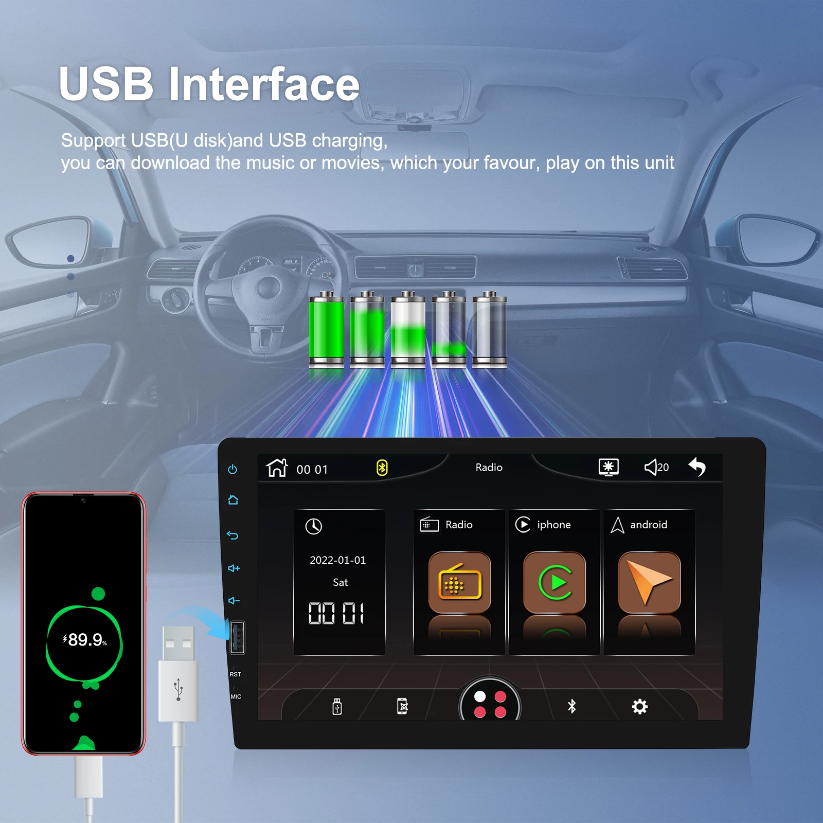 Radio Estéreo para Vehículo Podofo 1Din, Reproductor con Pantalla Táctil de 9 Pulgadas, Compatible con Carplay, Android Auto, Bluetooth, FM, Mirror Link, USB, Dispositivo de Audio Multimedia para Auto 3
