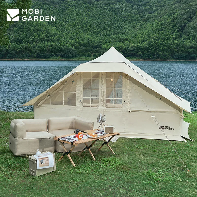 MOBI GARDEN 대형 캠핑 팽창식 텐트, 10.9 ㎡, 시대 260 야외 코튼 천 오두막, 5-8 인용 야외 피크닉, 공기 펌프 캐빈 제공